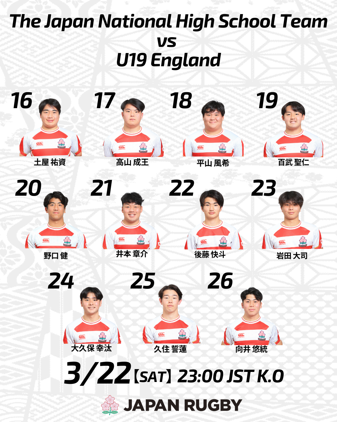 2024年度 高校日本代表 U19イングランド代表戦 試合登録メンバー